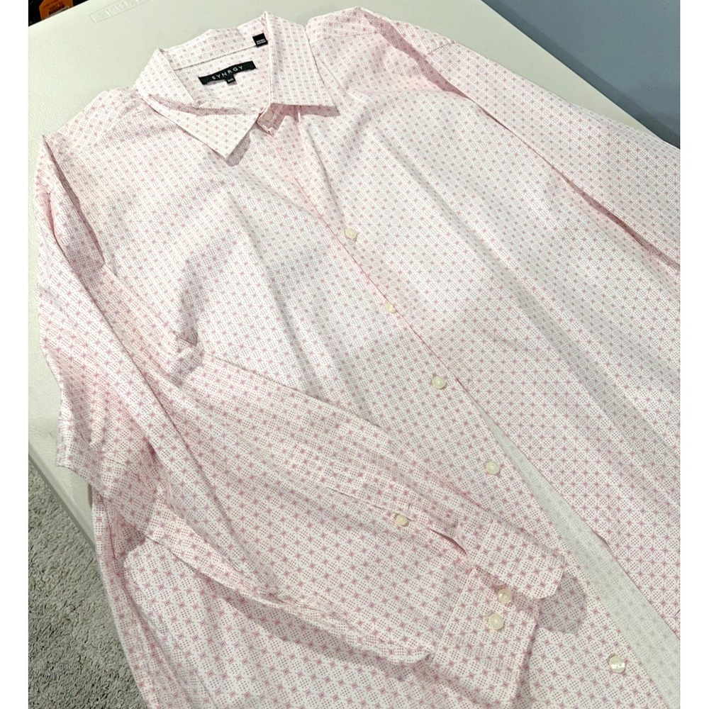 SYNRGY Mens 2XL Long Sleeve Button Down Shirt Pink White Geometric Micro Print